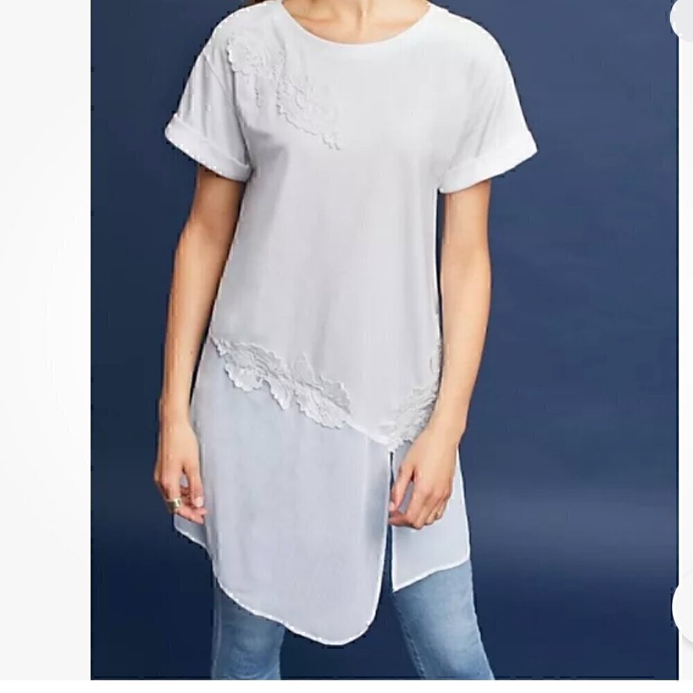 ANTHROPOLOGIE AKEMI + KIN KRIS TUNIC FLORAL LACE SHIRT SLEEVE TOP WHITE -SIZE XS